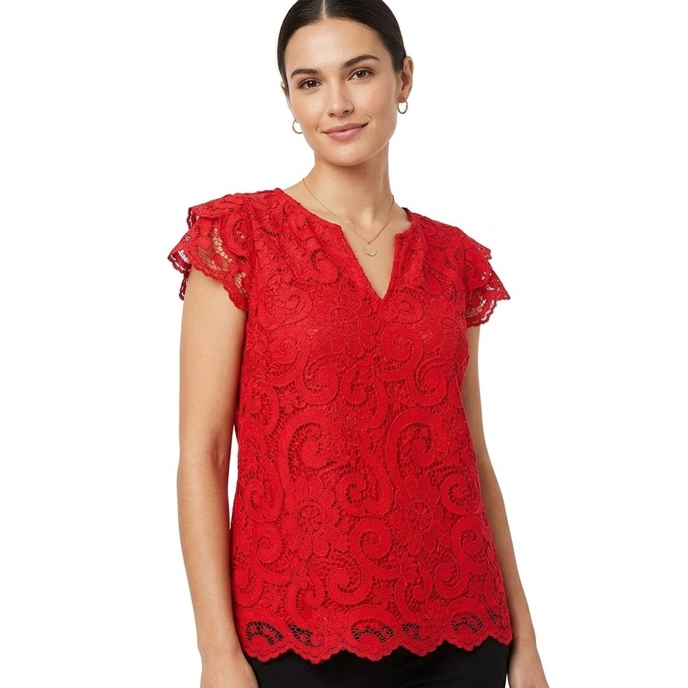 Nanette Lepore Lace Top Red Short Sleeve Scalloped Floral Blouse - Medium